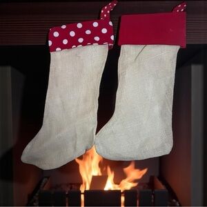 2 Christmas Stockings red solid and polka dots  Trim burlap hand crafted lined